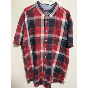 Tommy Hilfiger Mens Red Navy Plaid Short Sleeve Button Down Shirt Large